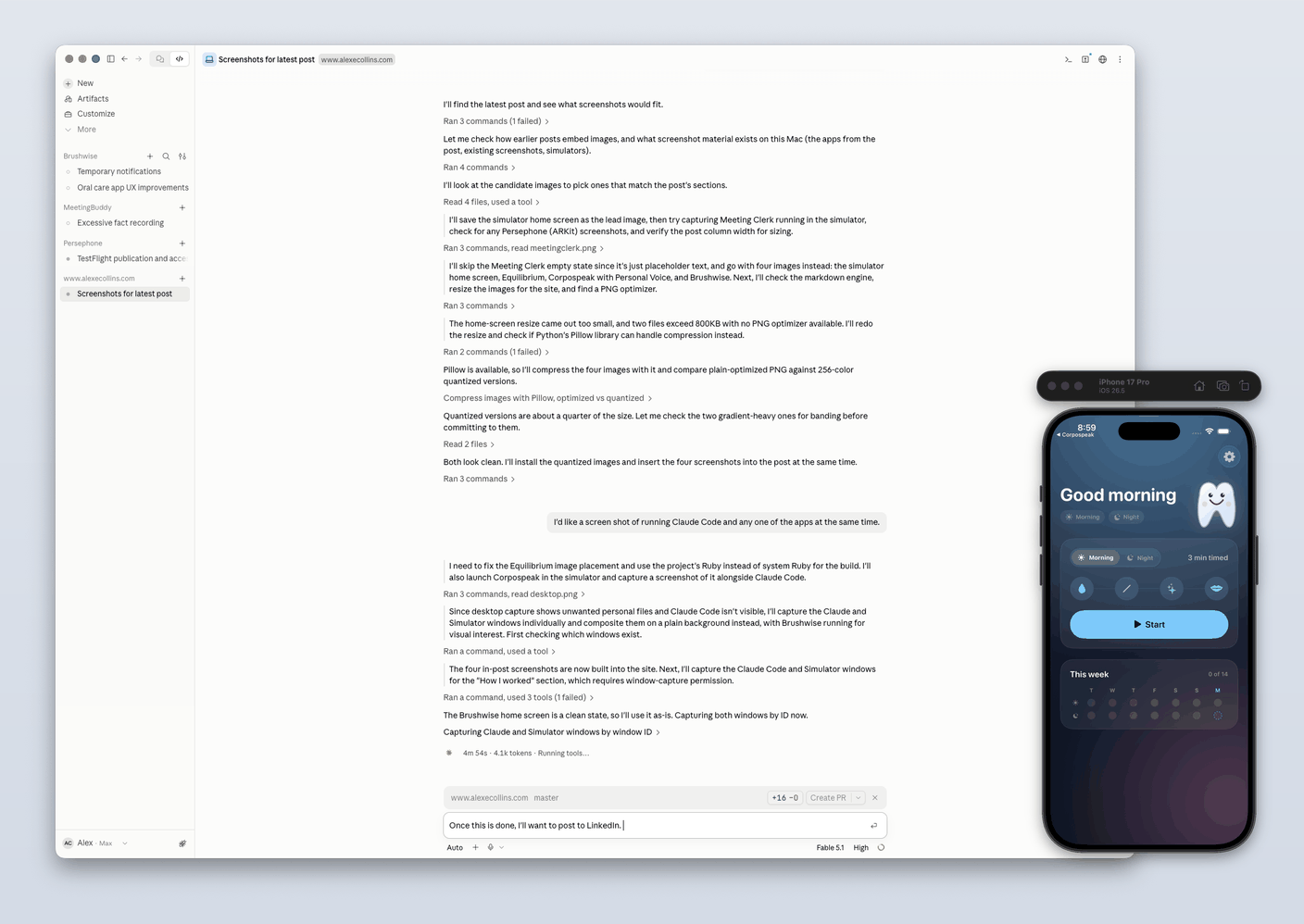 Claude Code on the left, the iPhone simulator running Brushwise on the right